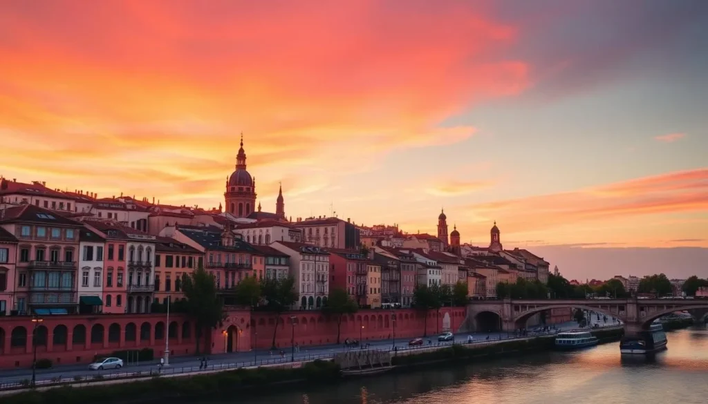 Sunset view of Toulouse's pink buildings glowing along the Garonne River