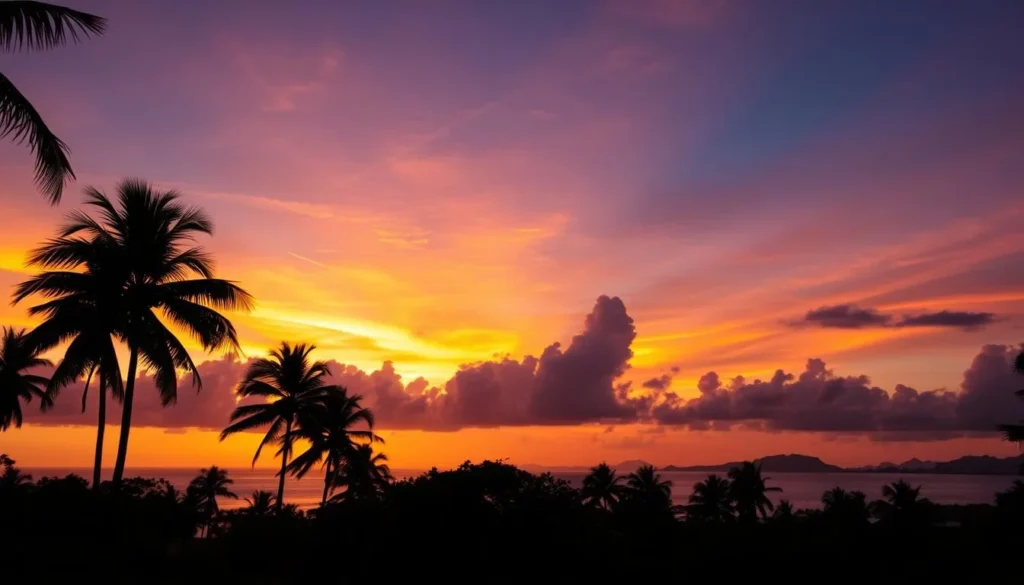 Sunset view of Trujillo Bay with silhouettes of palm trees