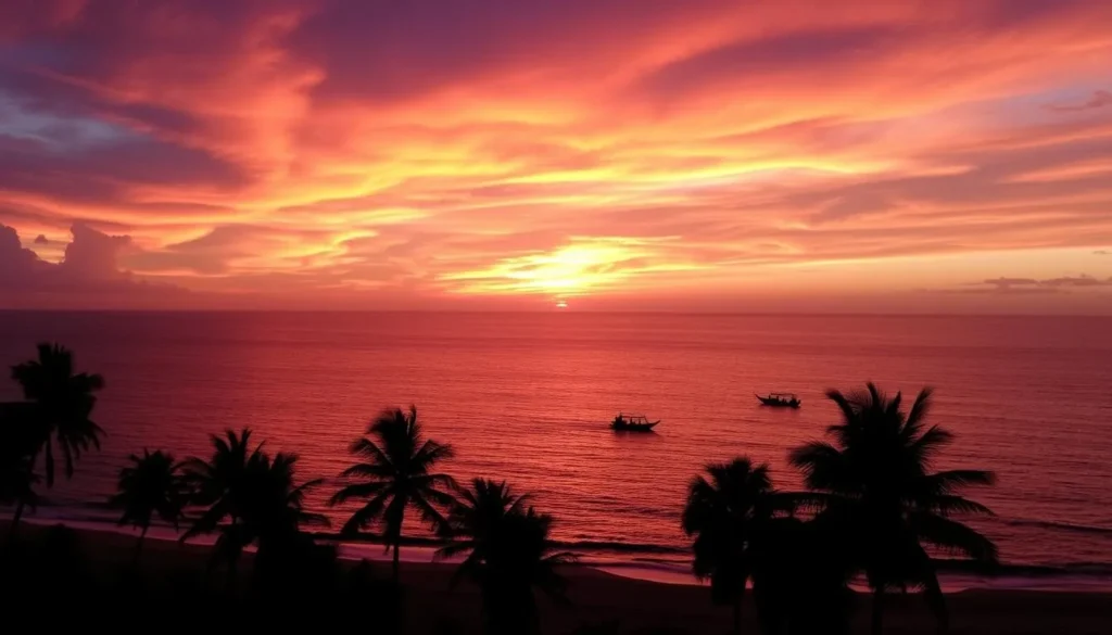 Sunset view of Unawatuna Bay with silhouettes of palm trees and boats