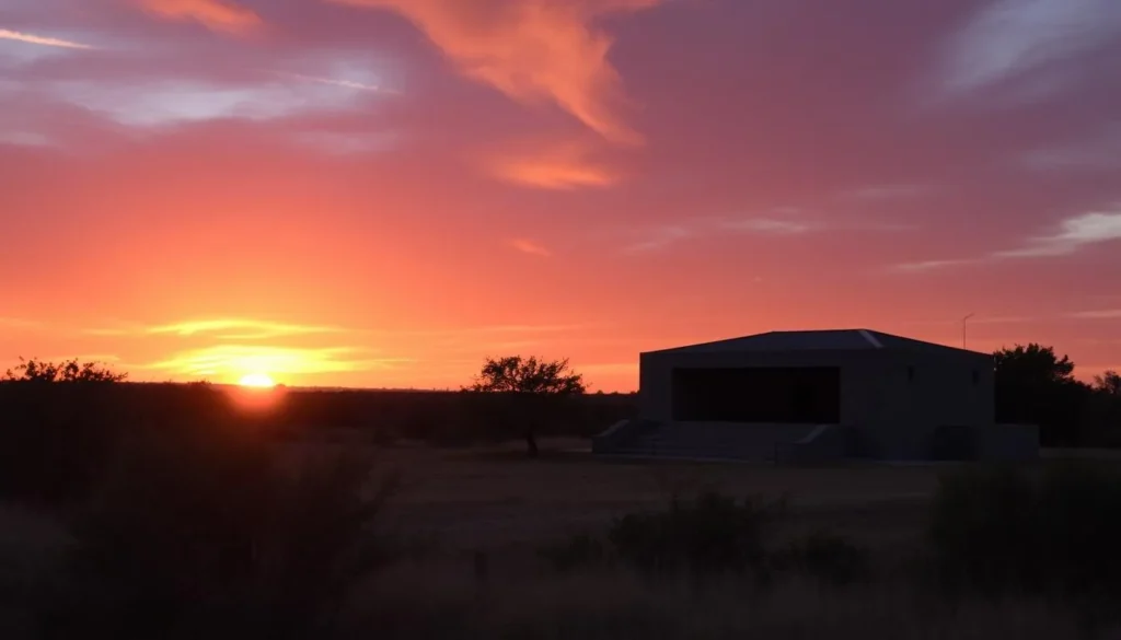 Sunset view of Waco Mammoth National Monument landscape with the Dig Shelter silhouette