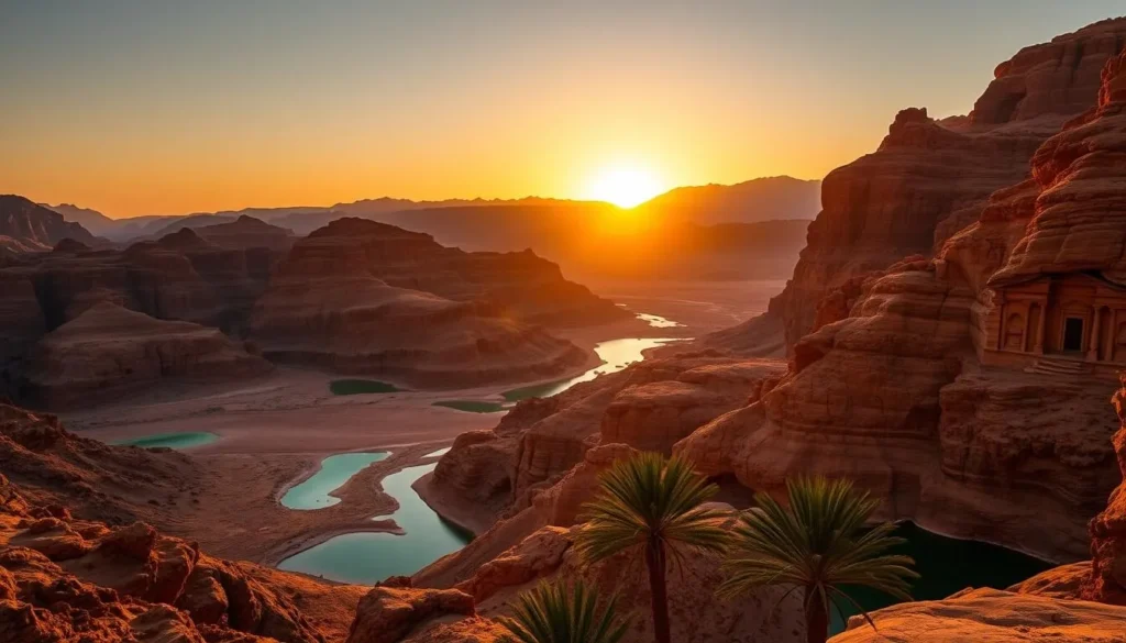 Sunset view of Wadi Bani Khalid showing the contrast between desert mountains and emerald pools