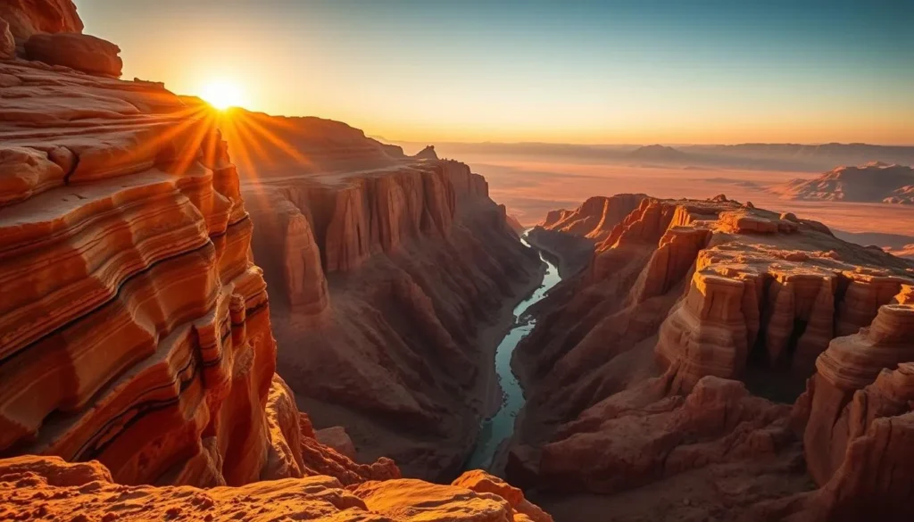 Sunset view of Wadi Mujib canyon with golden light illuminating the dramatic landscape