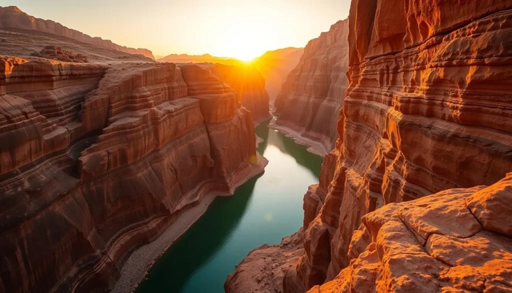 Sunset view of Wadi Shab's canyon with golden light illuminating the rock walls