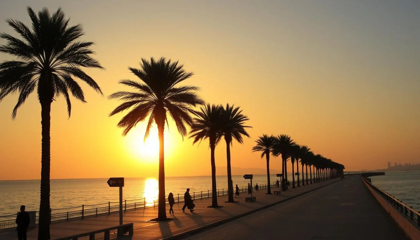 Sunset view of Yanbu's North Corniche with palm trees and people enjoying the evening atmosphere