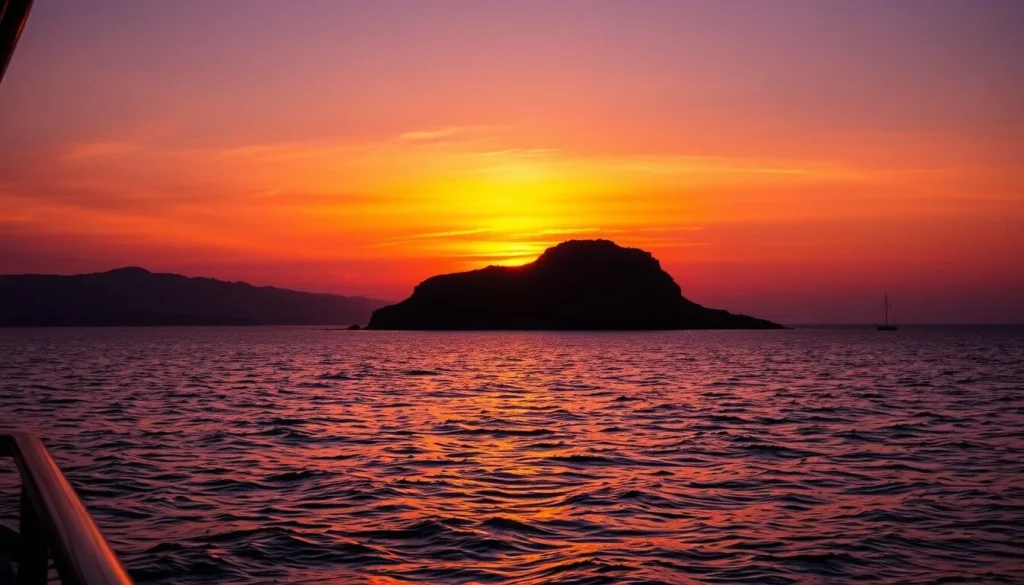 Sunset view of Zembra National Park from a boat, showcasing the island's silhouette against the evening sky Sunset view of Zembra National Park from a boat, showcasing the island's silhouette against the evening sky