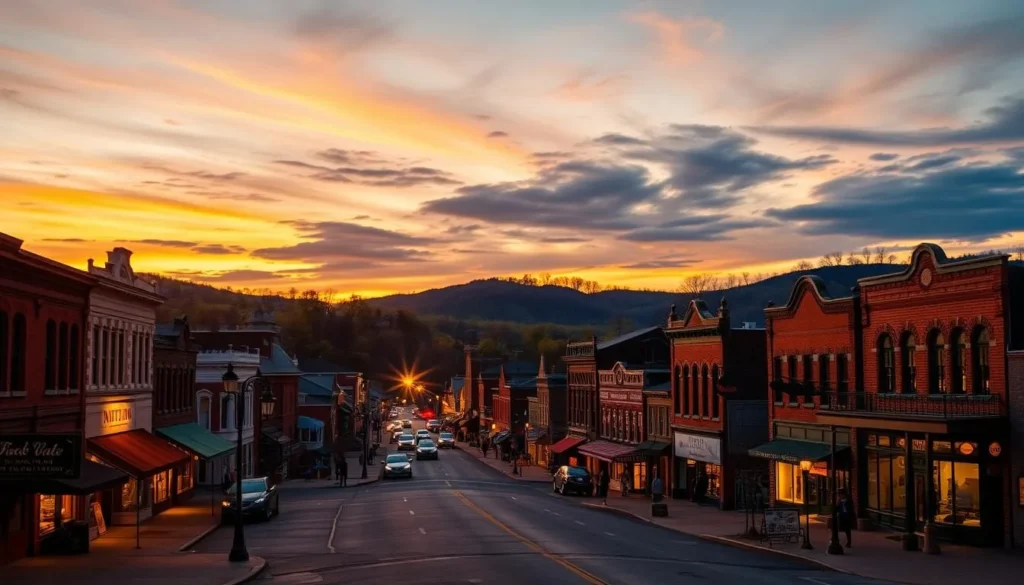 Sunset view of downtown Buckhannon with Main Street illuminated in evening light Sunset view of downtown Buckhannon with Main Street illuminated in evening light