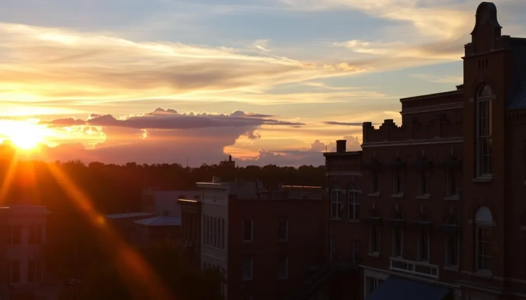 Sunset view of downtown Newberry with historic buildings