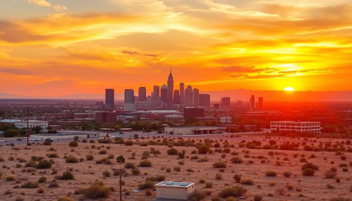 Sunset view of downtown Odessa, Texas with its unique skyline and desert landscape