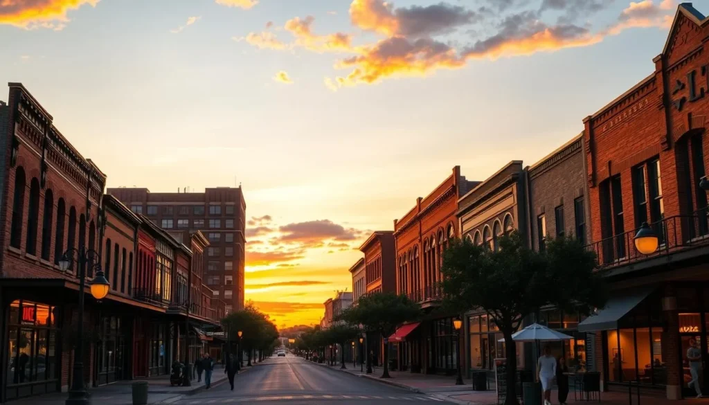 Sunset view of downtown Sherman with historic buildings illuminated Sunset view of downtown Sherman with historic buildings illuminated