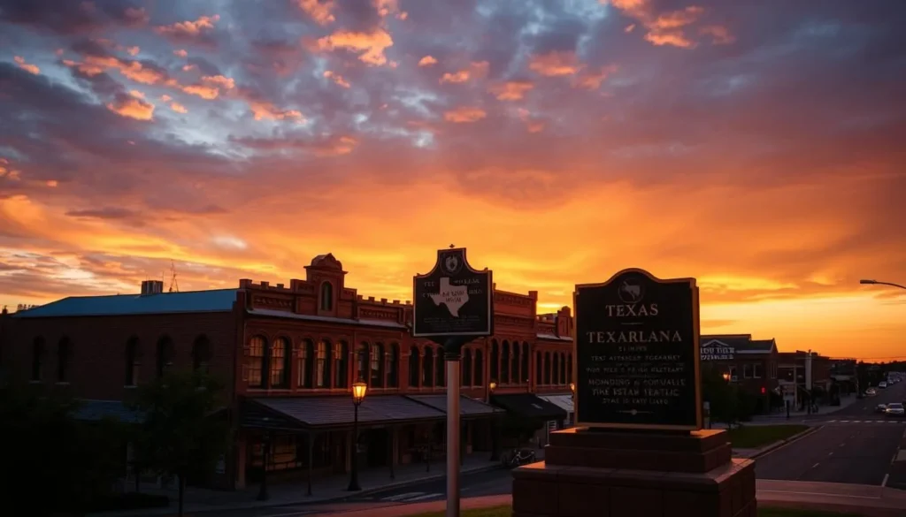 Sunset view of downtown Texarkana showing the state line monument illuminated