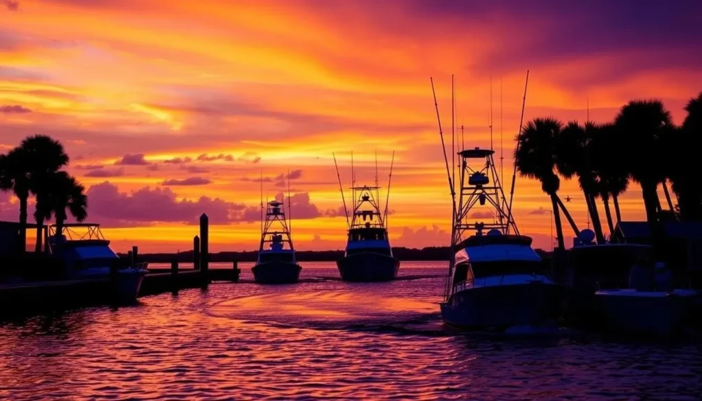 Sunset view of fishing boats returning to Murrells Inlet harbor with colorful sky