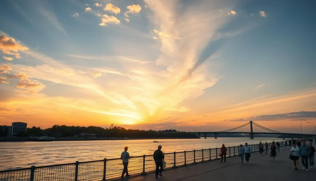 Sunset view of the Amur River Embankment with the Khabarovsk Bridge Sunset view of the Amur River Embankment with the Khabarovsk Bridge