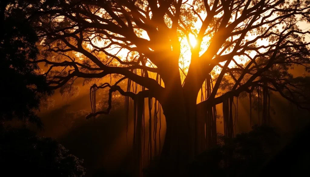 Sunset view of the Curtain Fig Tree silhouetted against golden light in Queensland