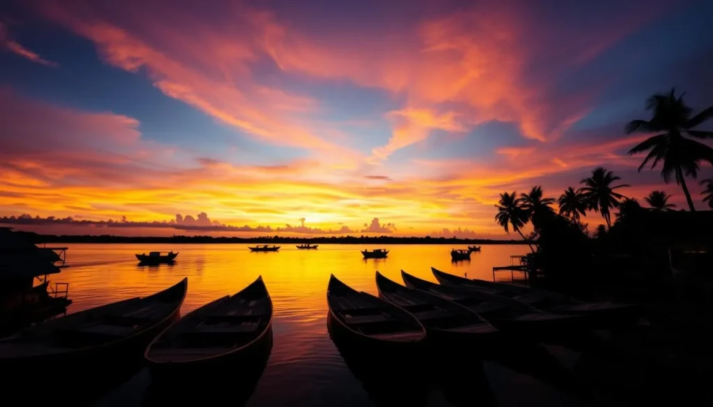 Sunset view of the Martapura River with silhouettes of traditional boats and riverside buildings
