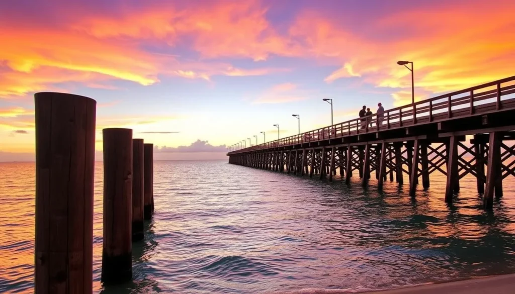 Sunset view of the historic Urangan Pier stretching into Hervey Bay Sunset view of the historic Urangan Pier stretching into Hervey Bay