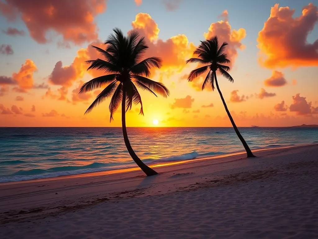 Sunset view over 17 Mile Beach Antigua and Barbuda with pink sand and calm waters
