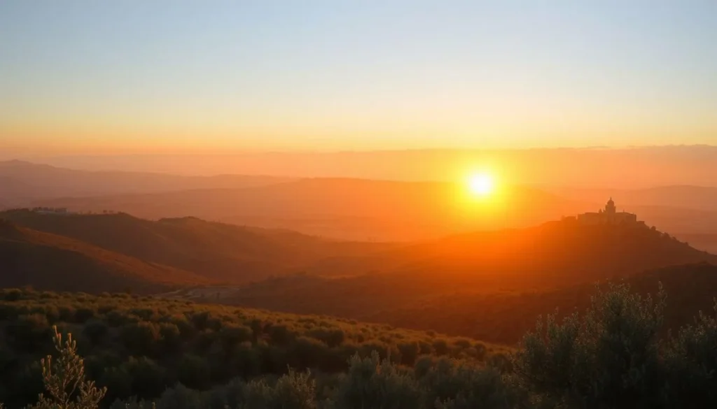 Sunset view over Ajloun's landscape with olive groves and distant mountains Sunset view over Ajloun's landscape with olive groves and distant mountains