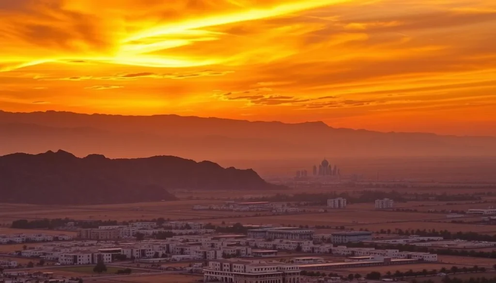 Sunset view over Al Amerat Province showing mountains and urban landscape
