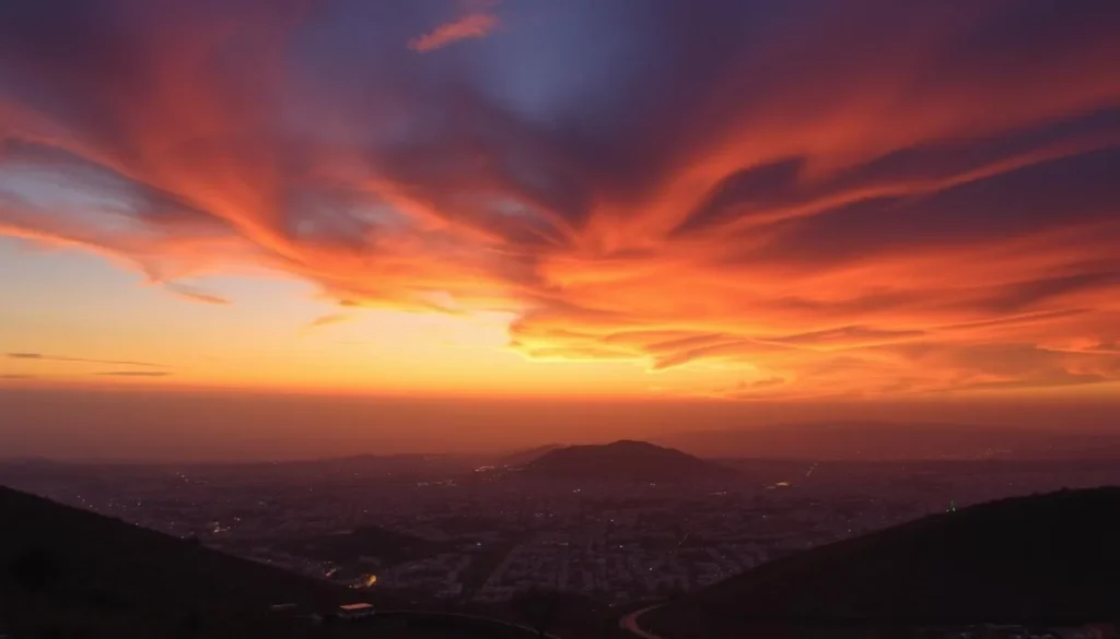 Sunset view over Aley Lebanon with the town lights beginning to twinkle