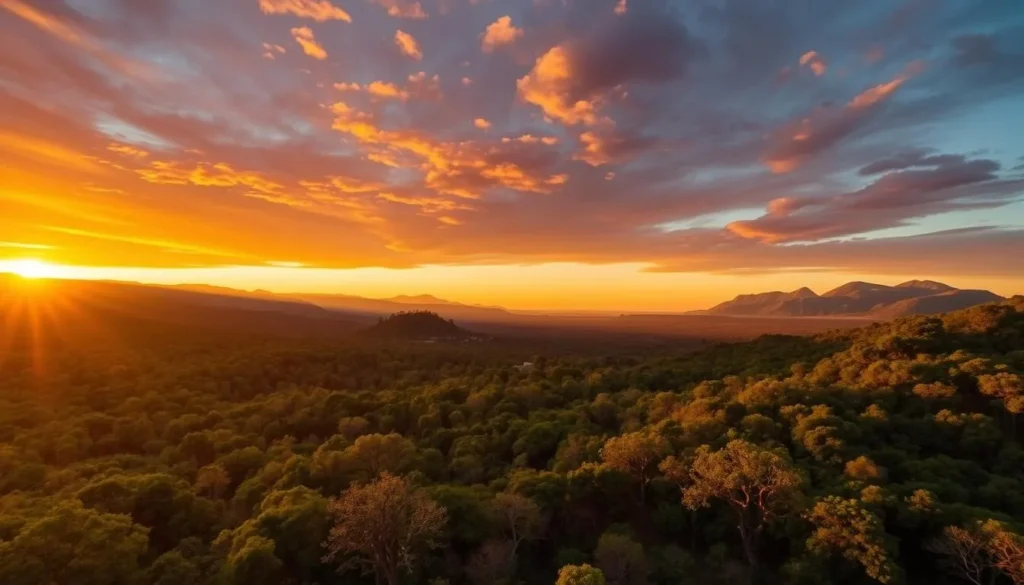Sunset view over Andohahela National Park showing the contrast between rainforest and spiny forest Sunset view over Andohahela National Park showing the contrast between rainforest and spiny forest