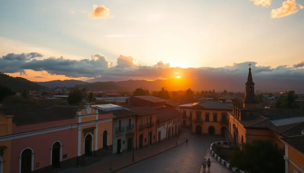 Sunset view over Barichara Colombia with golden light illuminating the colonial buildings Sunset view over Barichara Colombia with golden light illuminating the colonial buildings