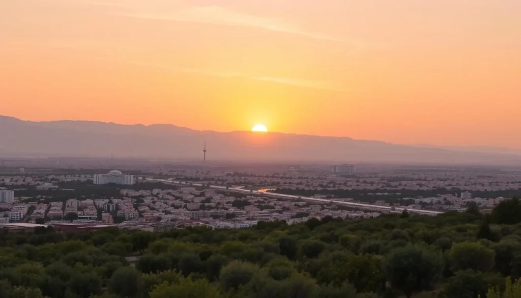 Sunset view over Berkane's cityscape with mountains in the background and citrus groves in the foreground