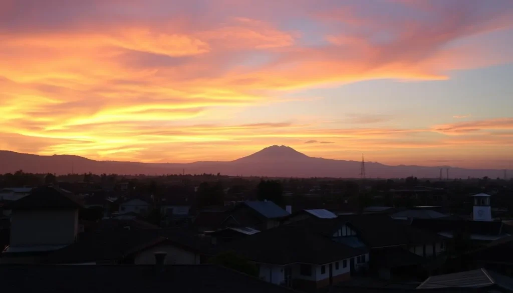 Sunset view over Blitar city with traditional and modern buildings silhouetted against the colorful sky