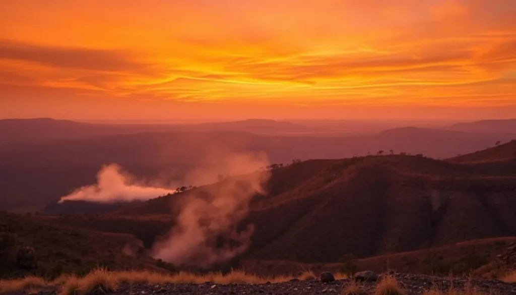 Sunset view over Burning Mountain Nature Reserve with smoke visible in the golden light