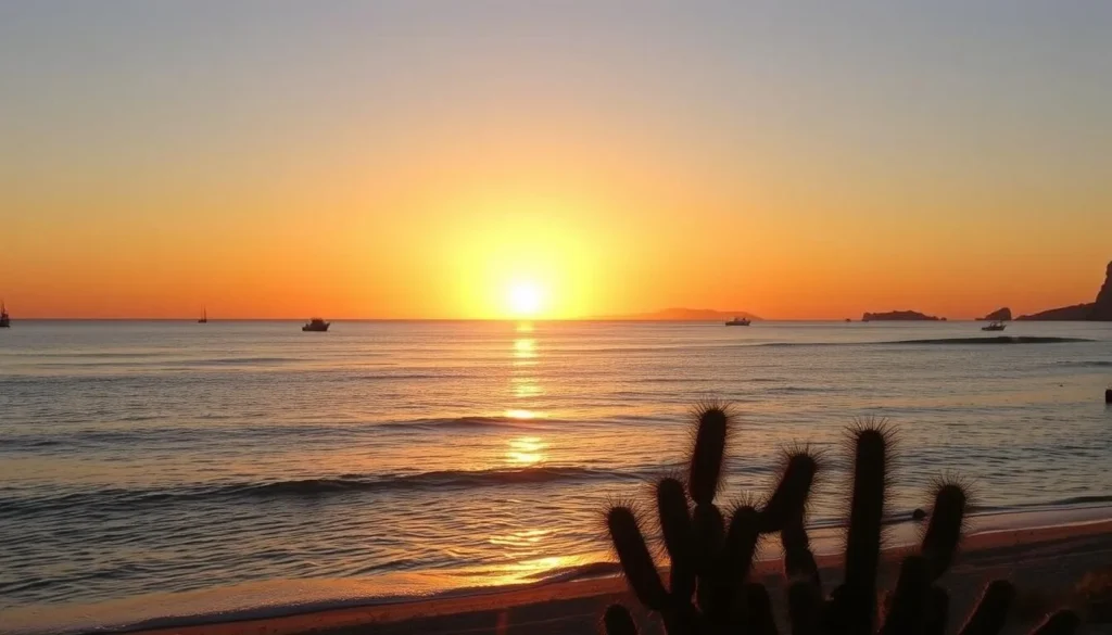 Sunset view over Cabo Pulmo National Park beach with golden light reflecting on calm waters