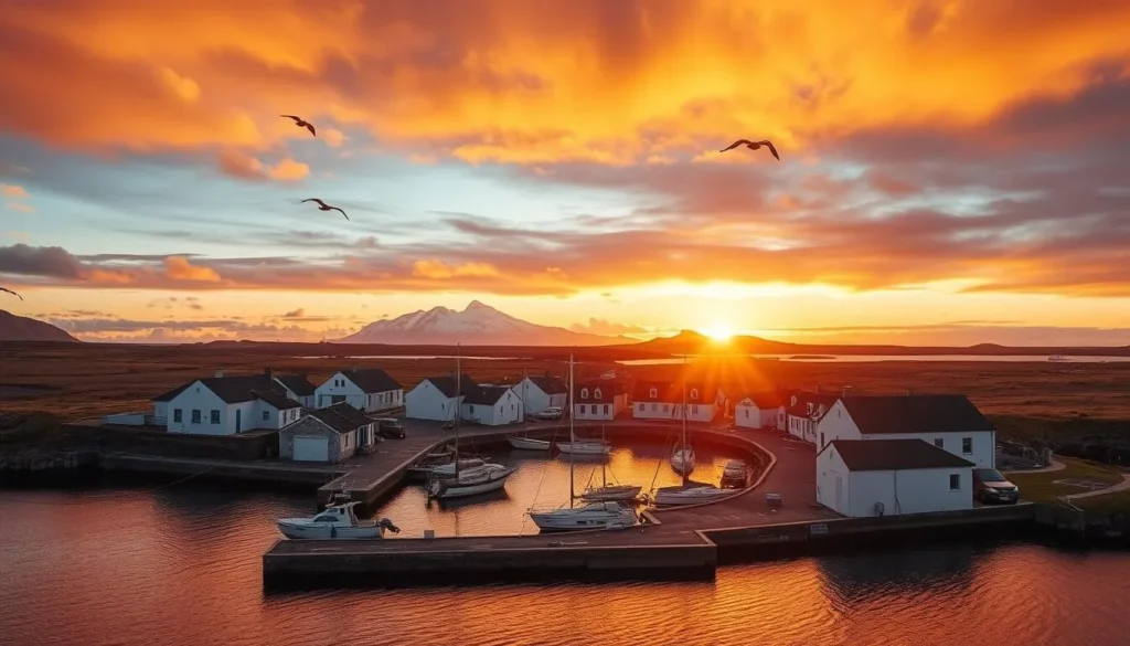 Sunset view over Carcass Island harbor with boats and wildlife