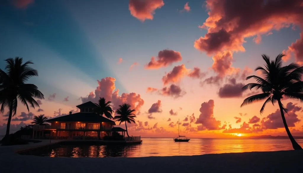 Sunset view over Cooper Island Beach Club with palm trees silhouetted against an orange and purple sky