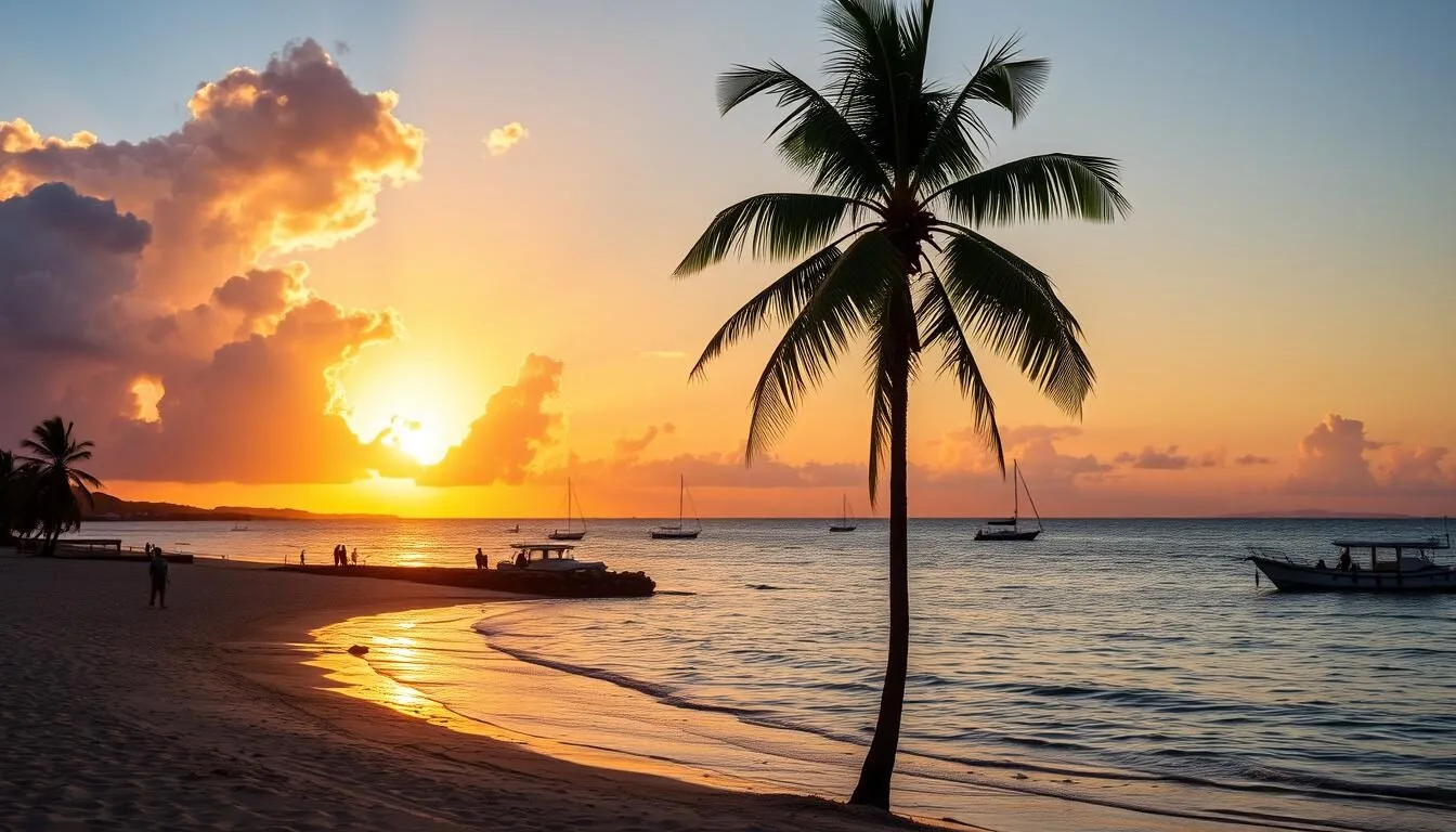 Sunset view over Crash Boat Beach in Aguadilla, Puerto Rico with golden light reflecting on calm waters