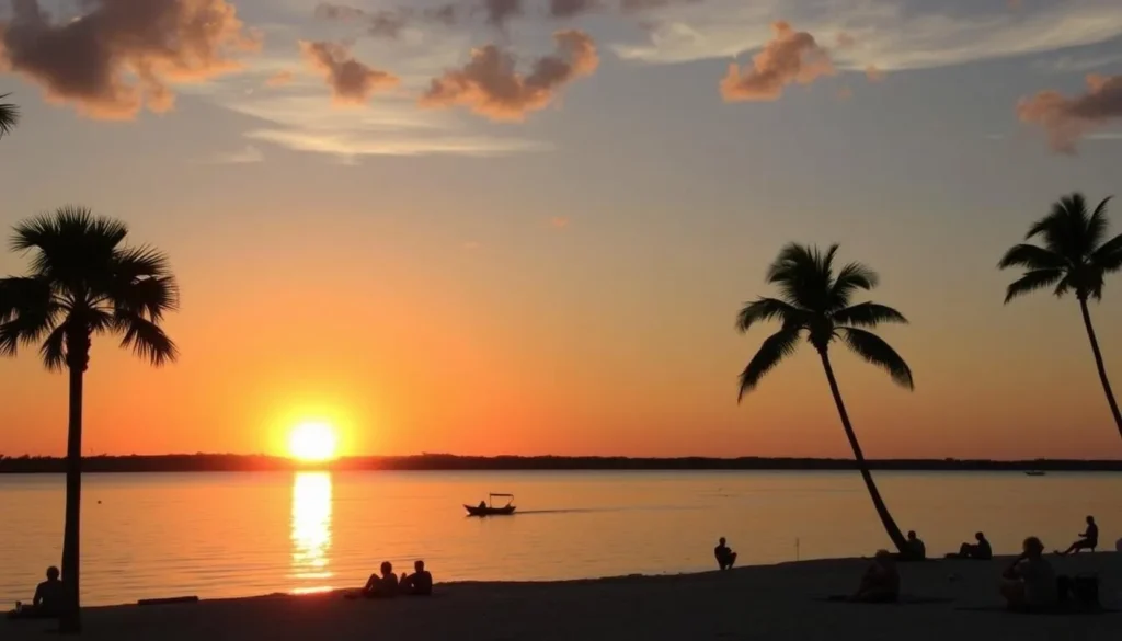 Sunset view over Curry Hammock State Park beach with palm trees silhouetted against an orange sky