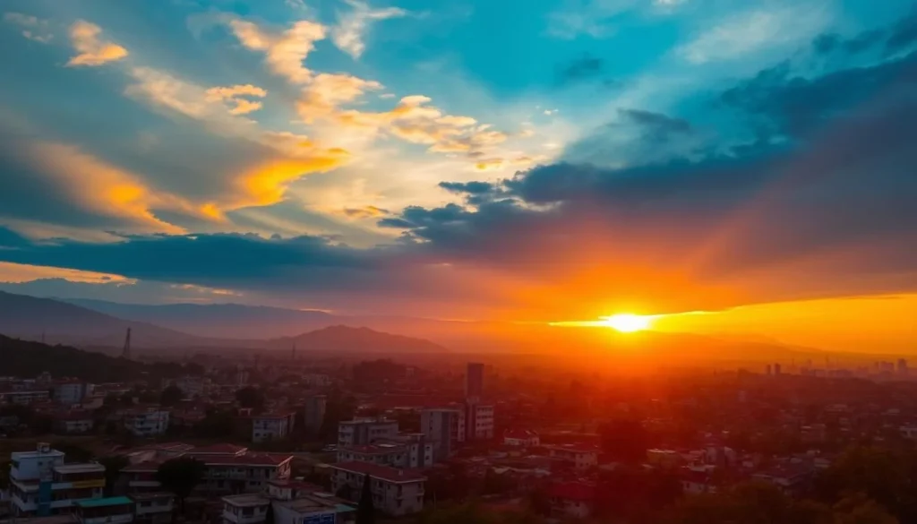 Sunset view over Dharan city with mountains in the background
