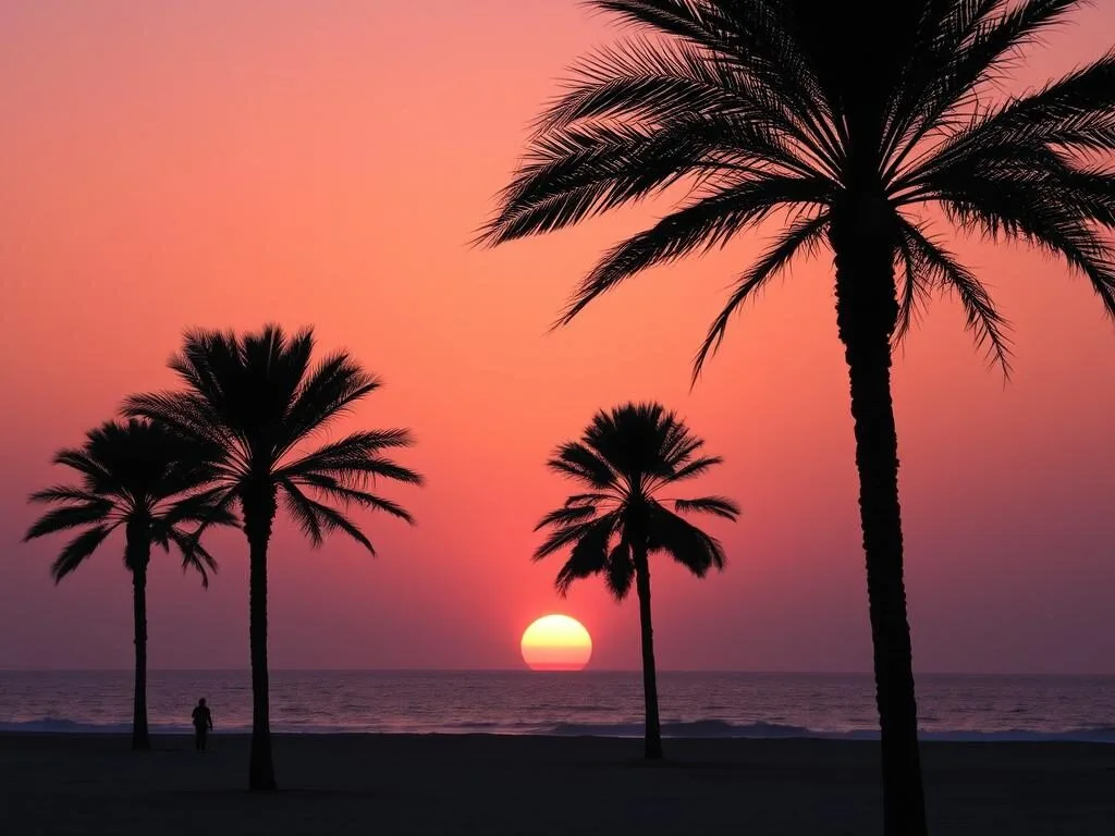 Sunset view over Dukhan Beach with silhouettes of palm trees