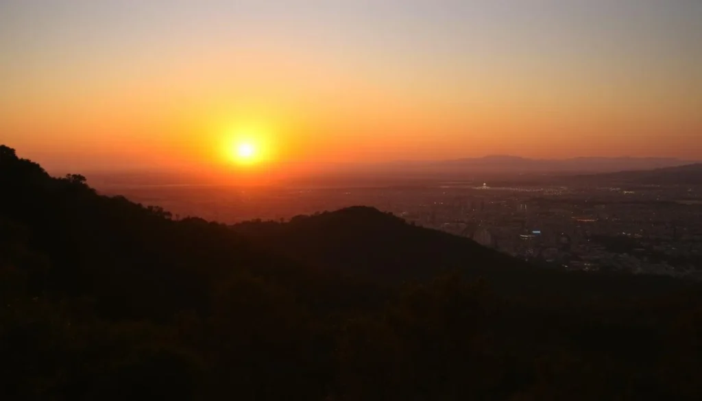 Sunset view over El Tepeyac National Park with Mexico City lights beginning to twinkle