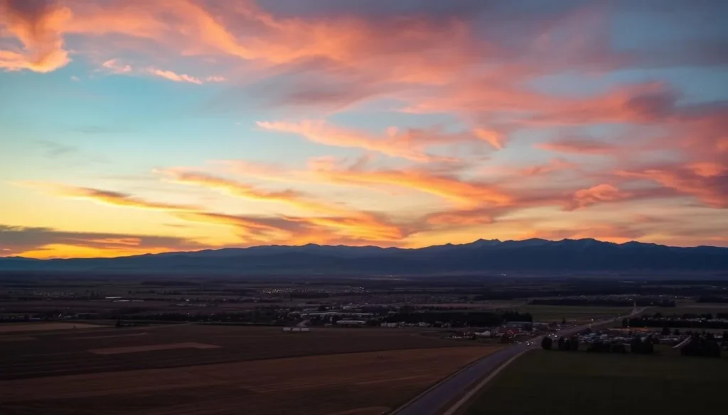 Sunset view over Ellensburg valley with mountains in background