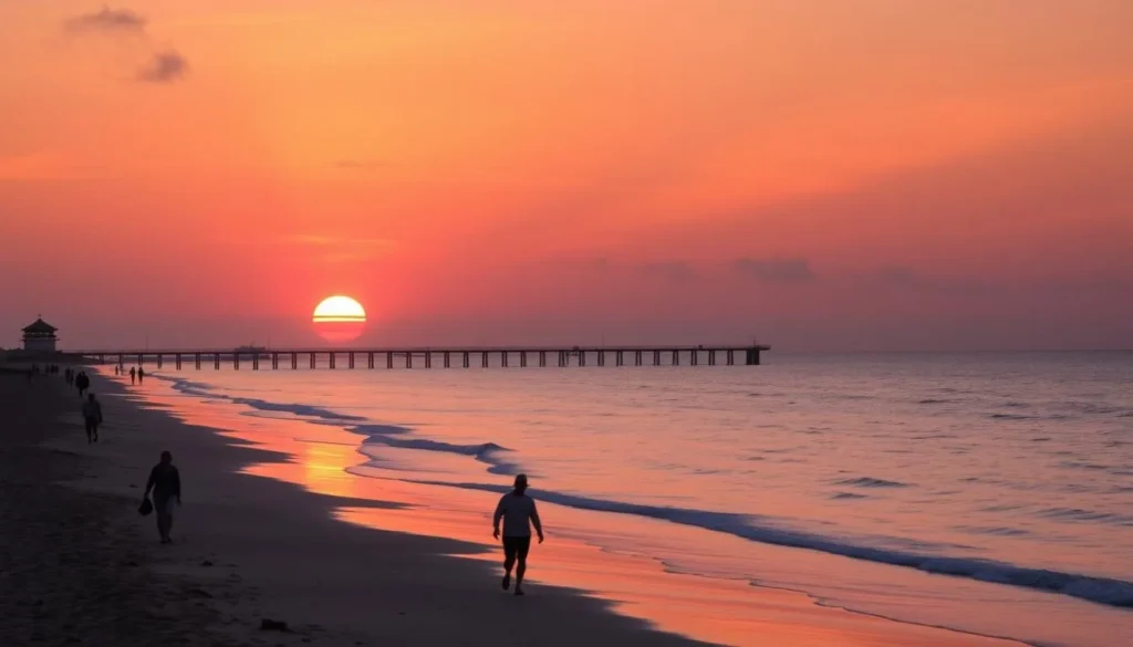 Sunset view over Glenelg Beach with people enjoying the evening atmosphere
