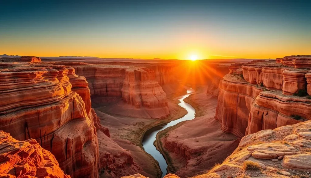 Sunset view over Goosenecks State Park, Utah showing golden light illuminating the canyon walls
