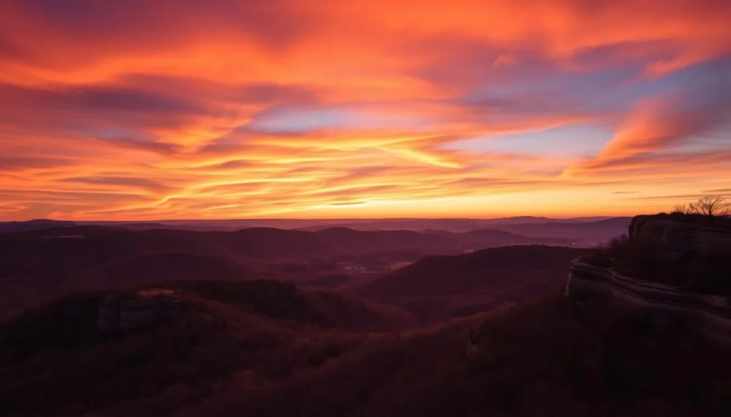Sunset view over Hocking Hills State Park landscape with dramatic colors