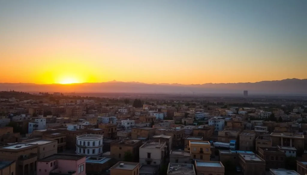 Sunset view over Homs Syria skyline showing ancient and modern buildings