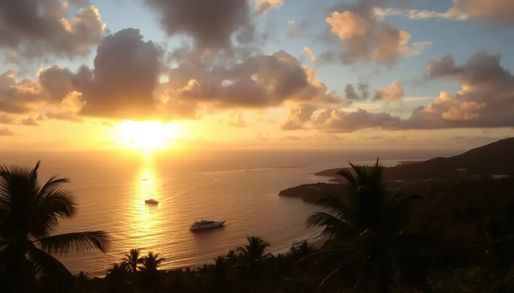 Sunset view over Huatulco's coastline with golden light reflecting on the ocean