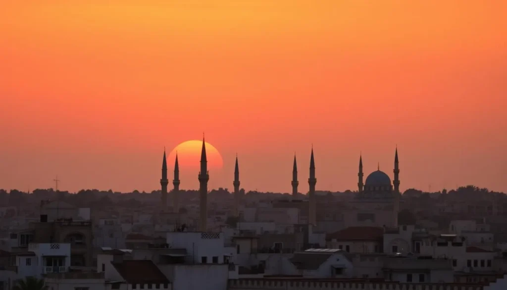 Sunset view over Kairouan's skyline with minarets silhouetted against the golden sky