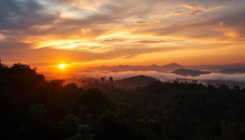 Sunset view over Kayan Mentarang National Park rainforest canopy with mountains in the distance