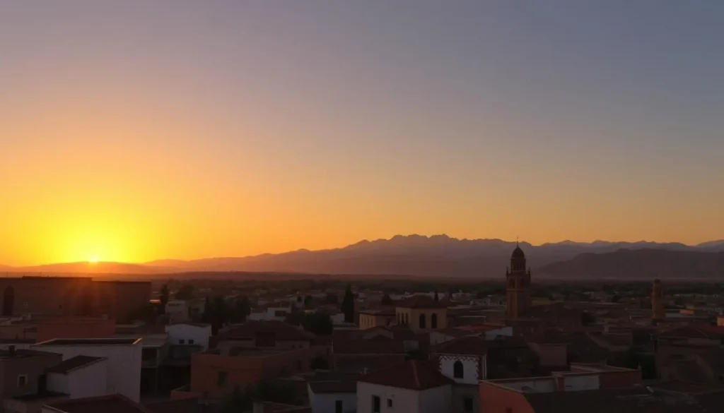 Sunset view over Khemisset with mountains in the background and traditional architecture in the foreground