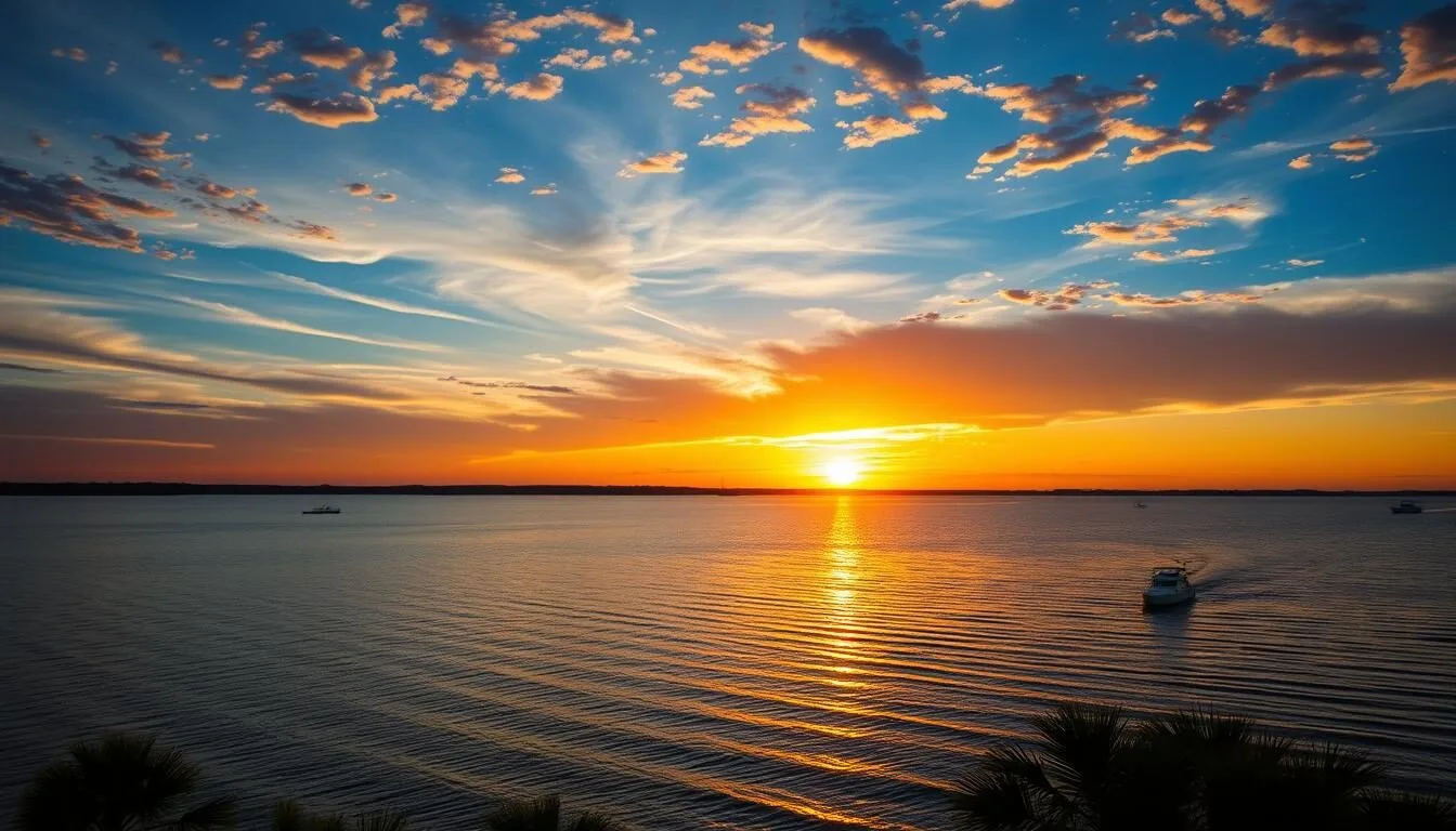 Sunset view over Lake Amistad in Del Rio, Texas during spring season