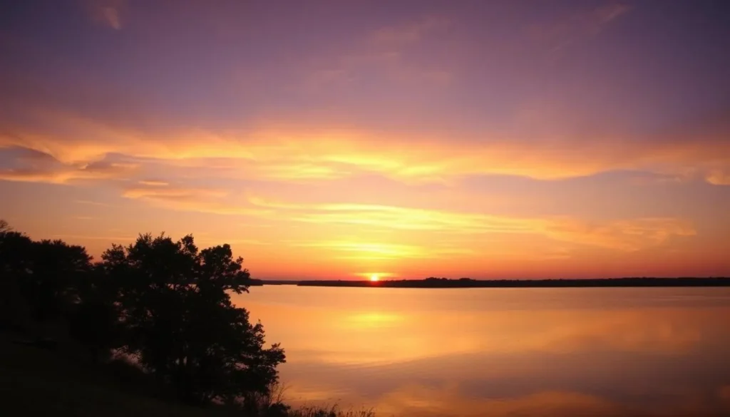 Sunset view over Lake Lewisville from The Colony showing beautiful Texas landscape