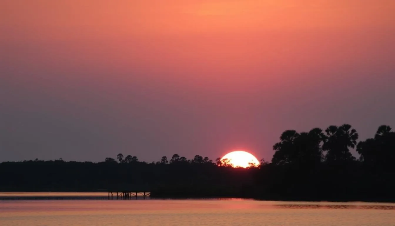 Sunset-view-over-Lake-Louisa-with-cypress-trees-silhouetted-against-an-orange-sky-at-Lake Sunset view over Lake Louisa with cypress trees silhouetted against an orange sky at Lake Louisa State Park, Florida