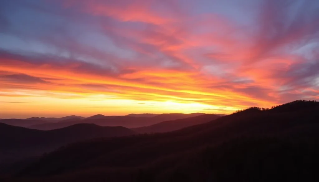 Sunset view over Laurel Highlands mountains with golden light illuminating the landscape