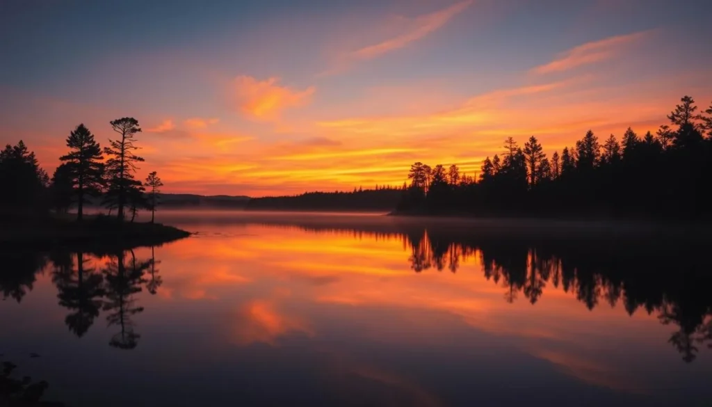Sunset view over Loon Lake at Copper Falls State Park with silhouetted pine trees